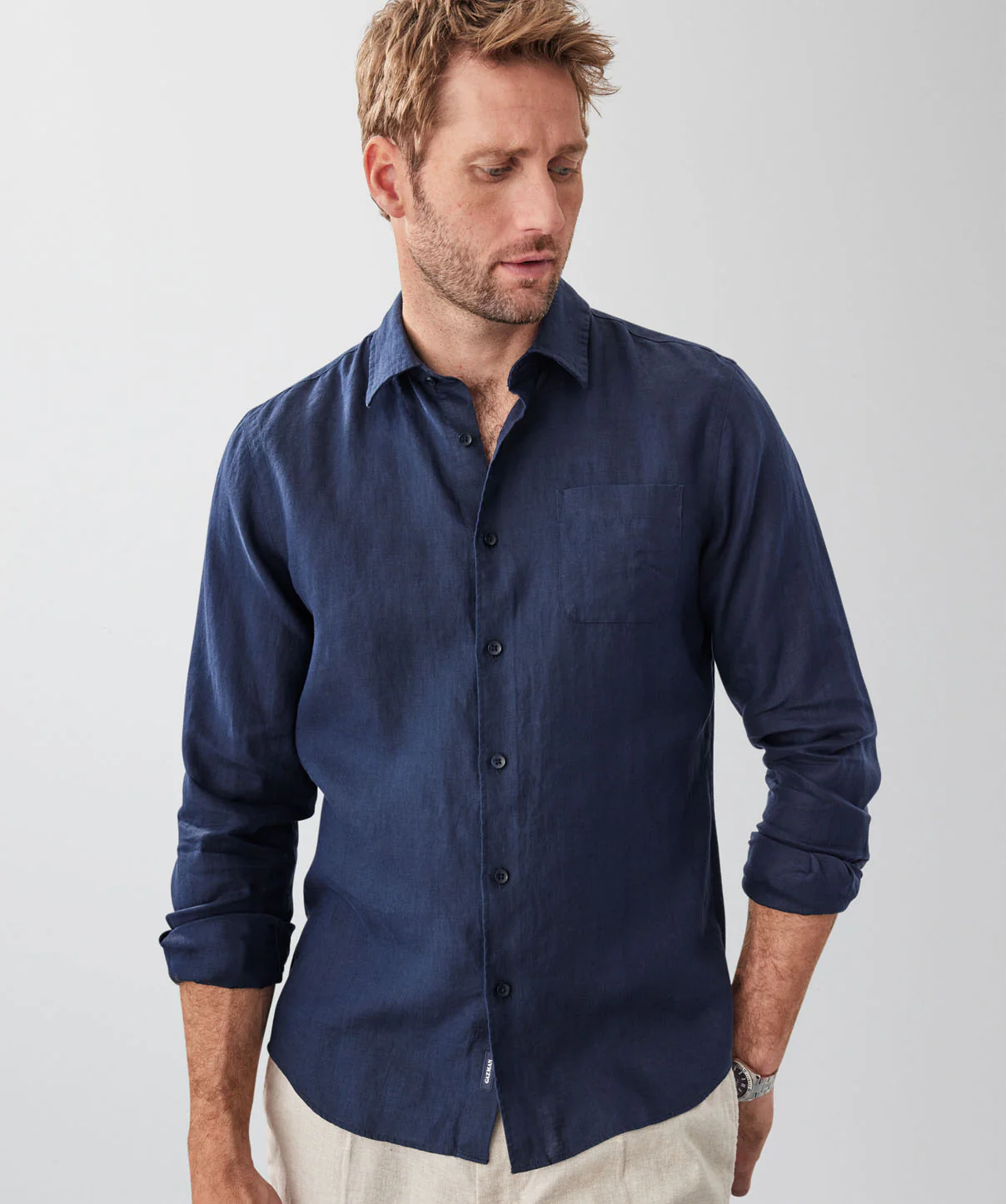 Tailored Fit Pure French Linen Long Sleeve Shirt - Dark Navy - Image 3
