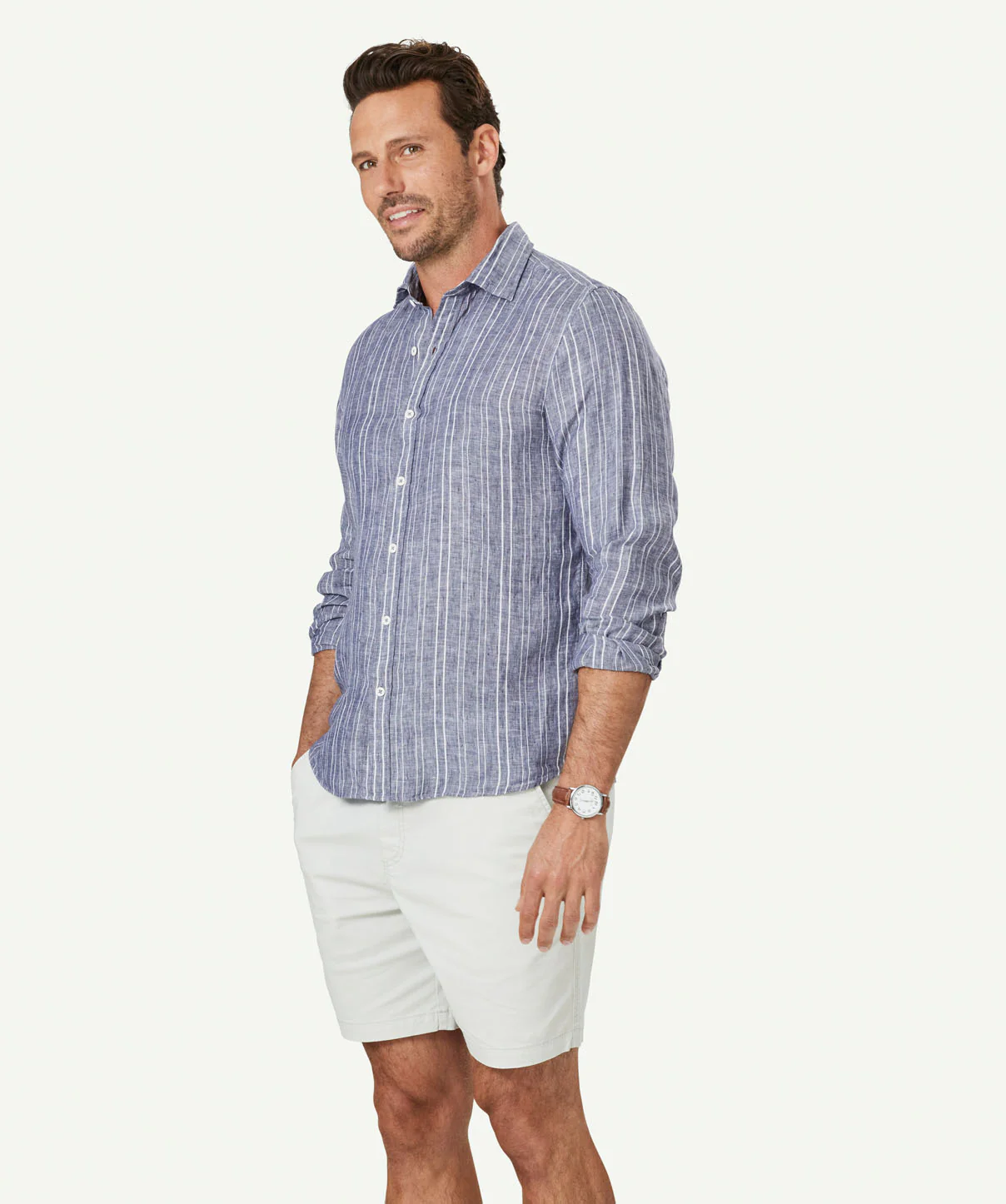 Tailored French Linen Stripe Long Sleeve Shirt - Chambray - Image 4
