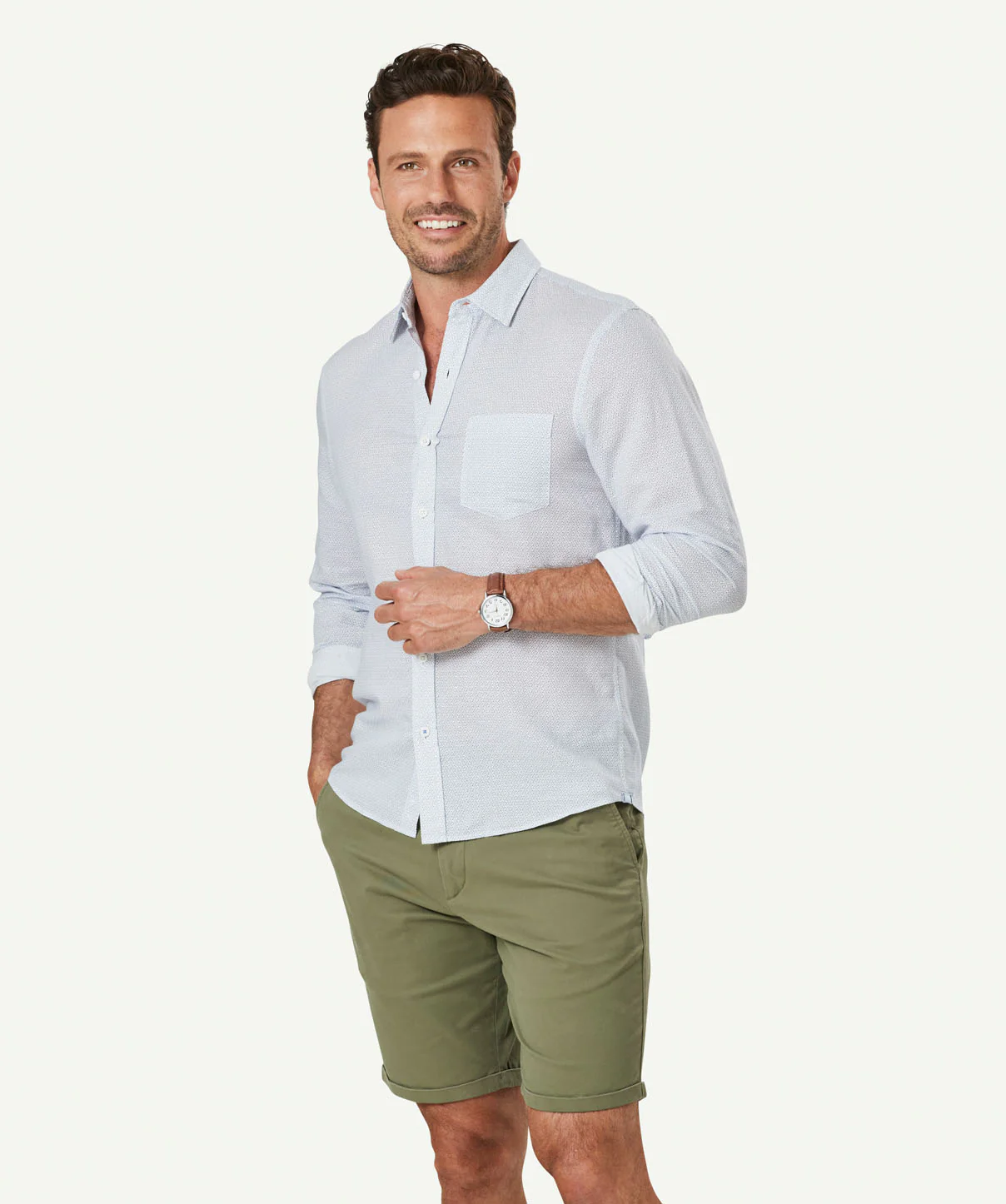 Tailored Linen Blend Geo Print Long Sleeve Shirt - Pale Blue - Image 6