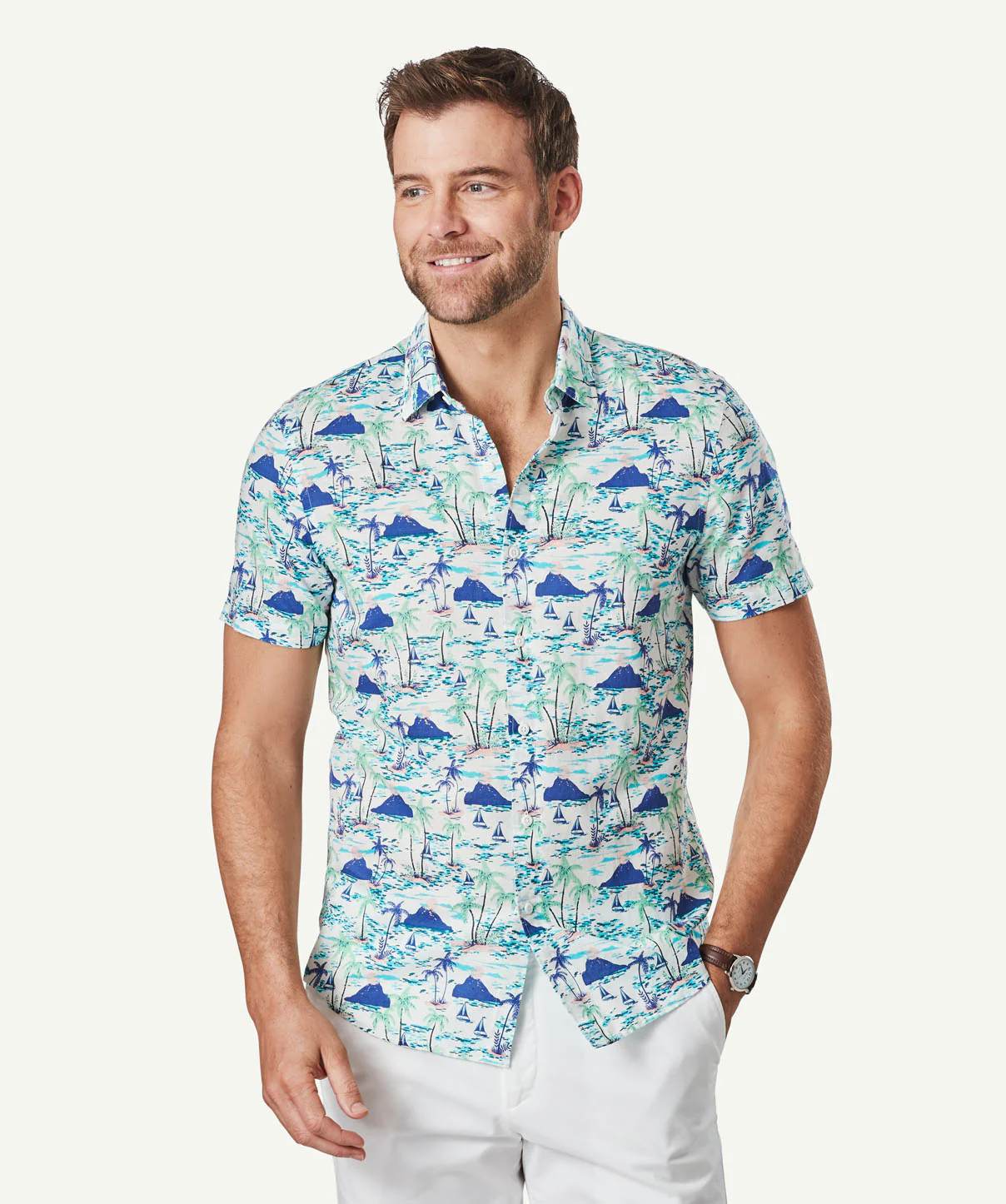 Tailored Linen Blend Sea Print Shirt - Blue