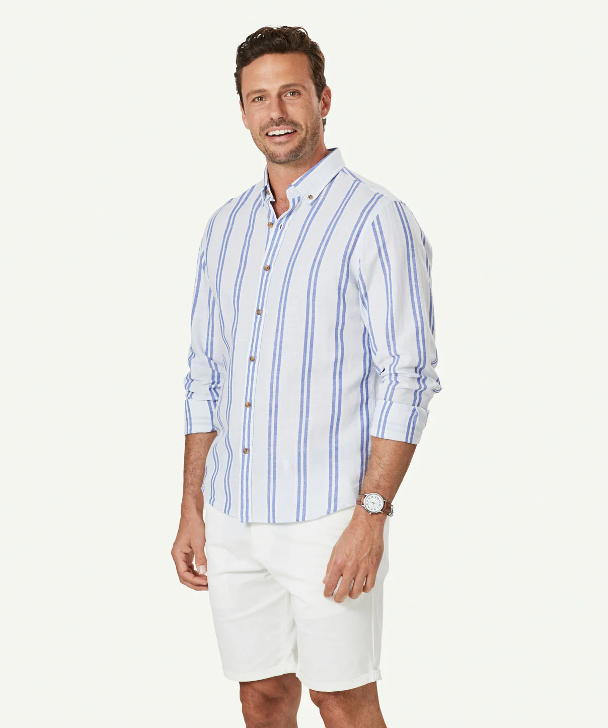 Tailored Linen Blend Stripe Long Sleeve Shirt - Pale Blue - Image 6