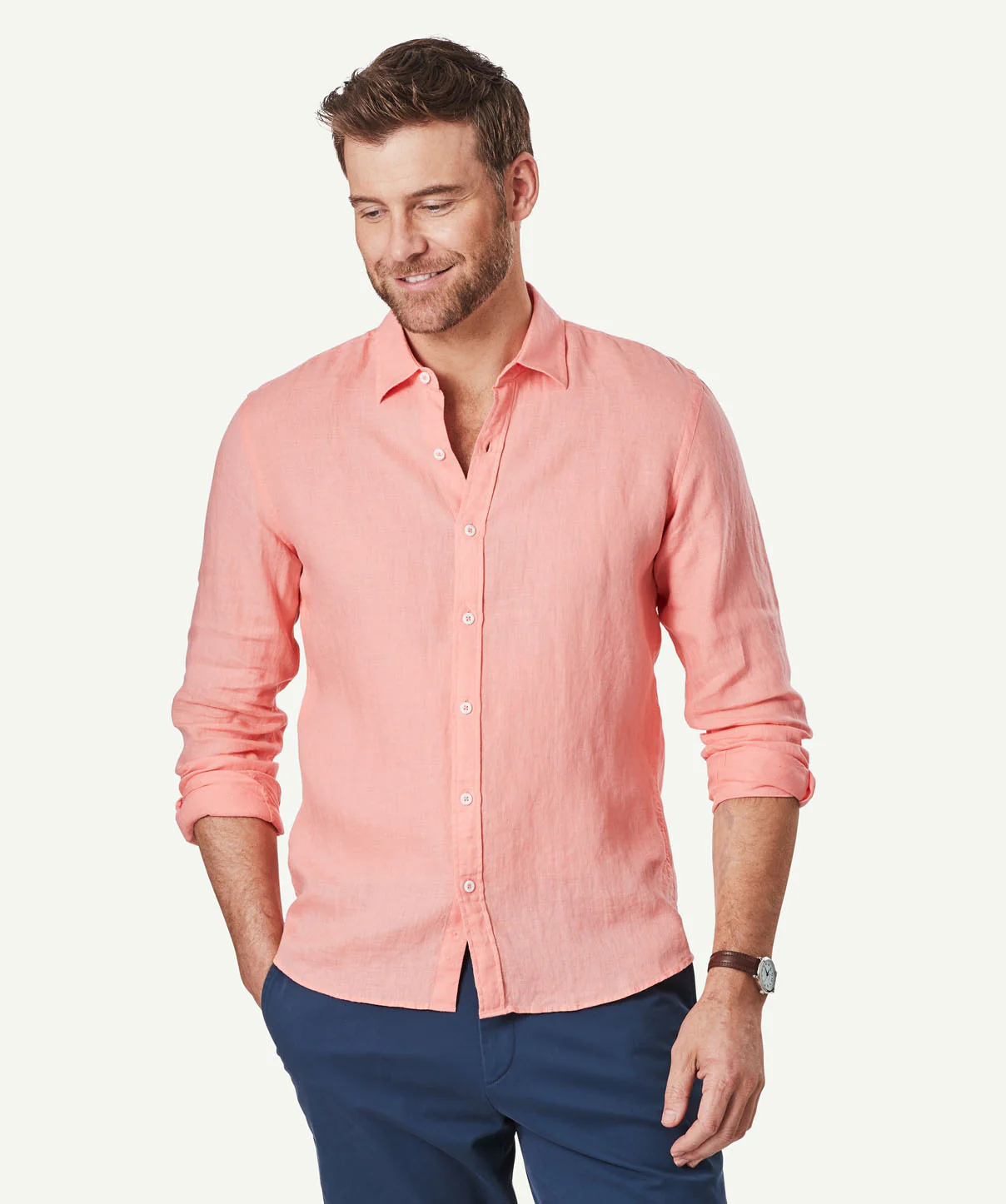 Tailored Linen Plain Shirt - Guava - Image 6