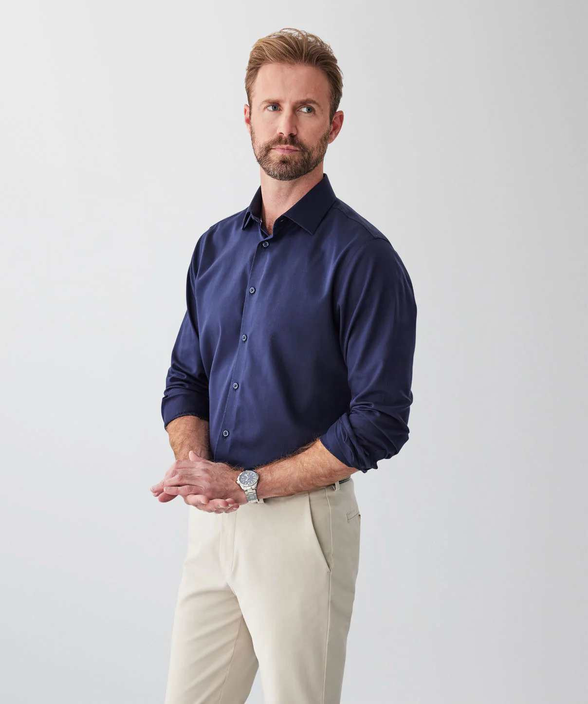 Tailored Non-Iron Dobby Long Sleeve Shirt - Navy - Image 5
