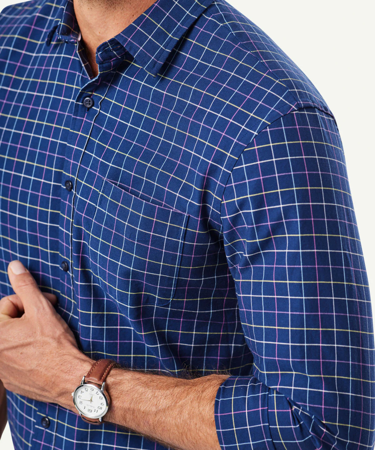 Tailored Oxford Check Long Sleeve Shirt - Navy - Image 4