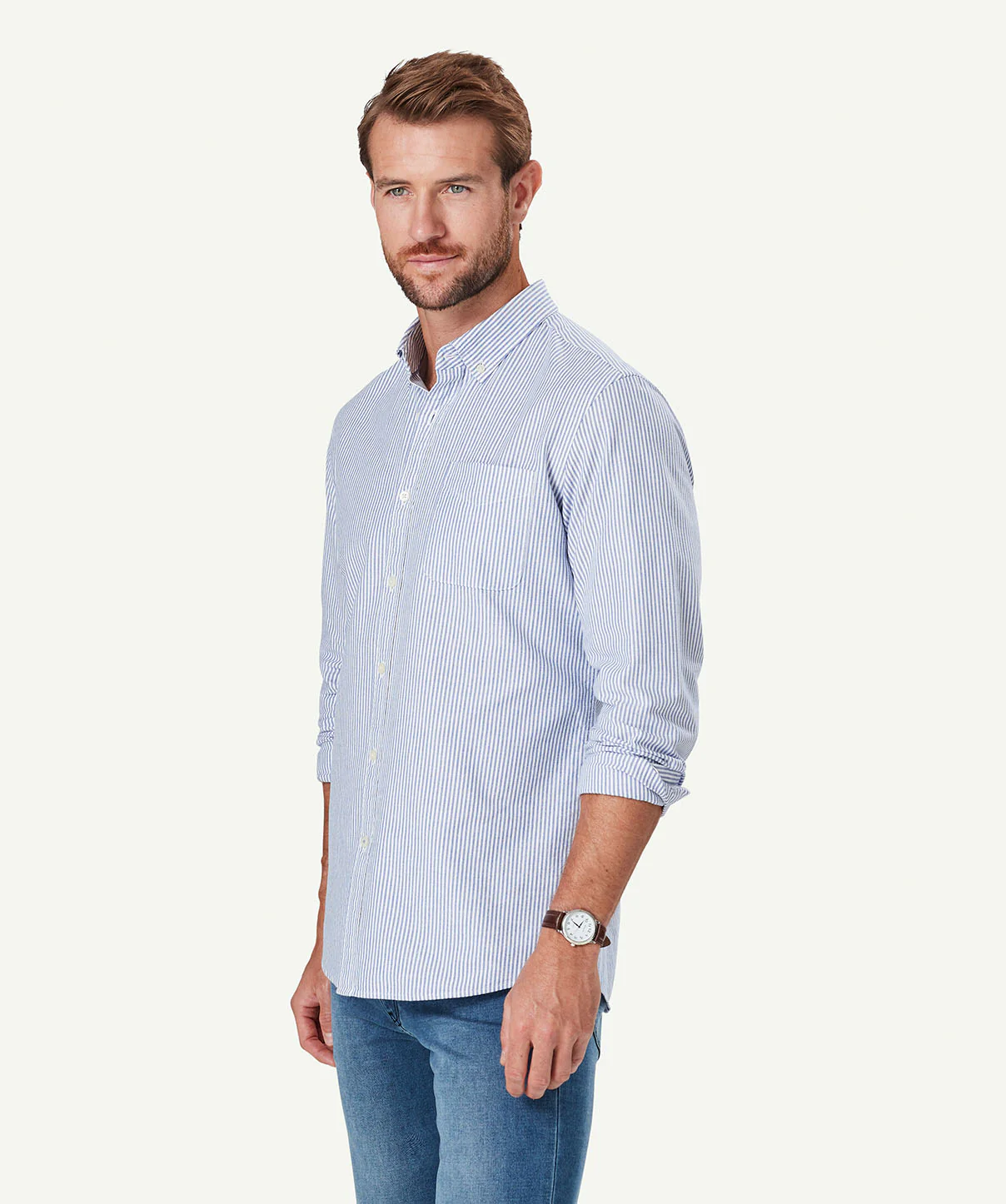 Tailored Oxford Stripe Long Sleeve Shirt - Blue - Image 5