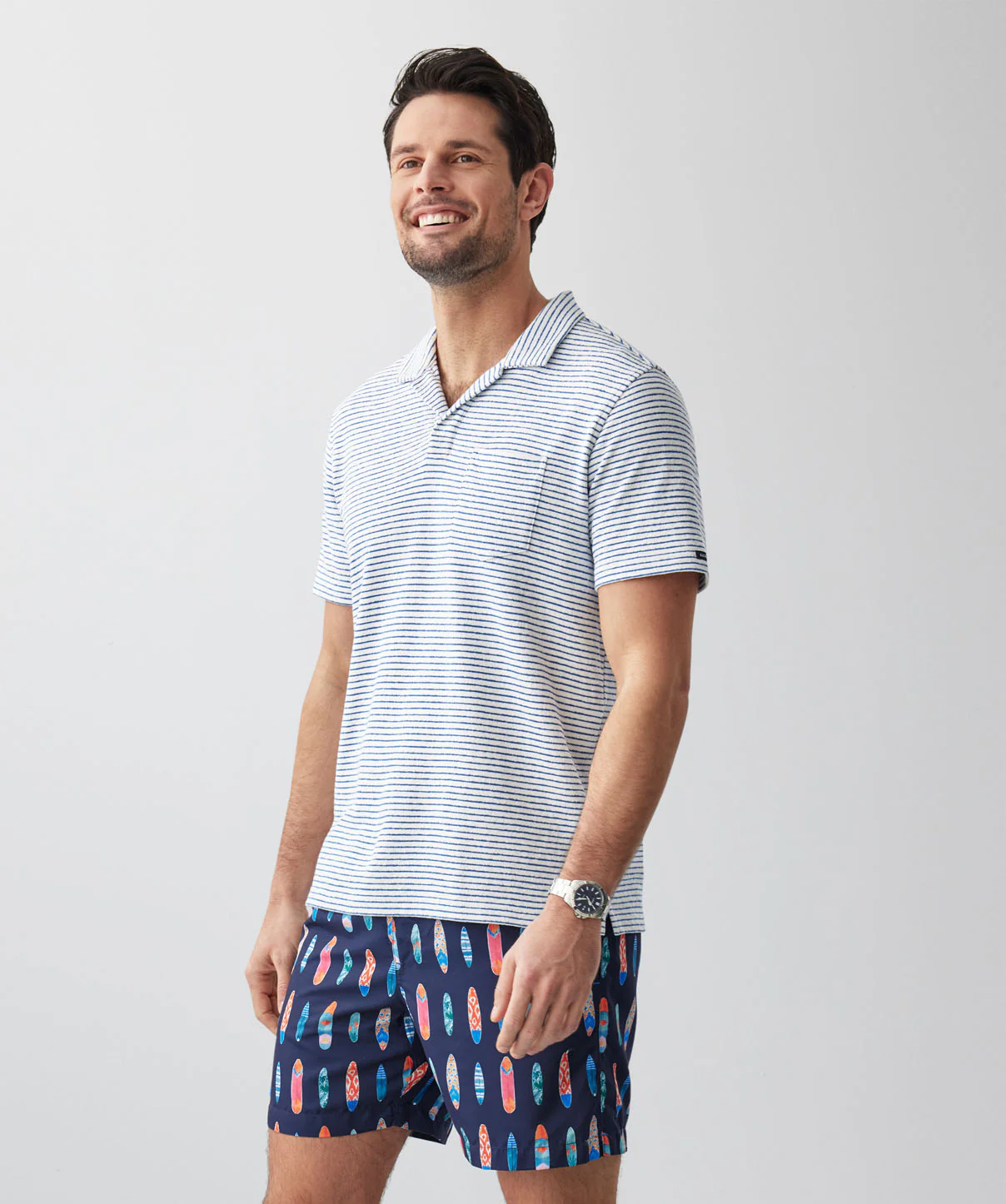 Terry Stripe Resort Polo - White
