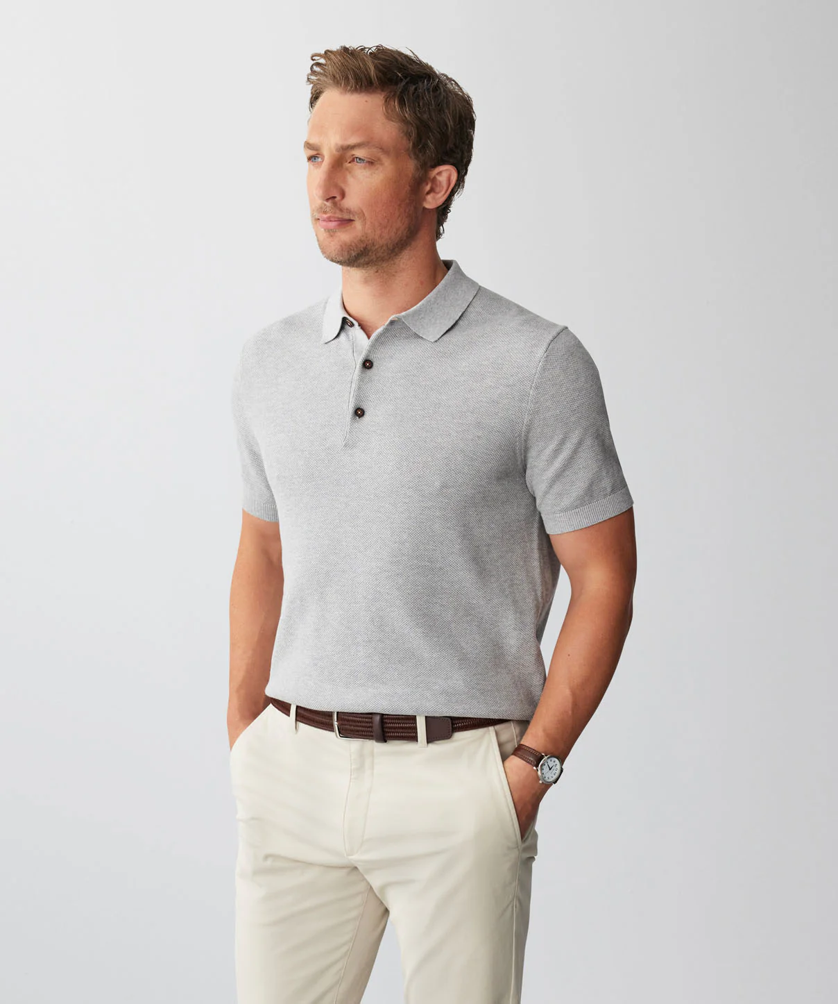 Textured Knit Polo - Grey Marle - Image 5