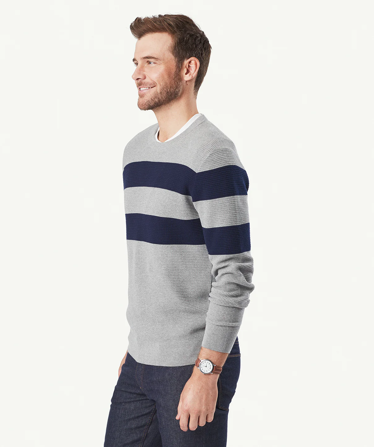 Tuck Stitch Cotton Crew Neck Knit - Grey - Image 5