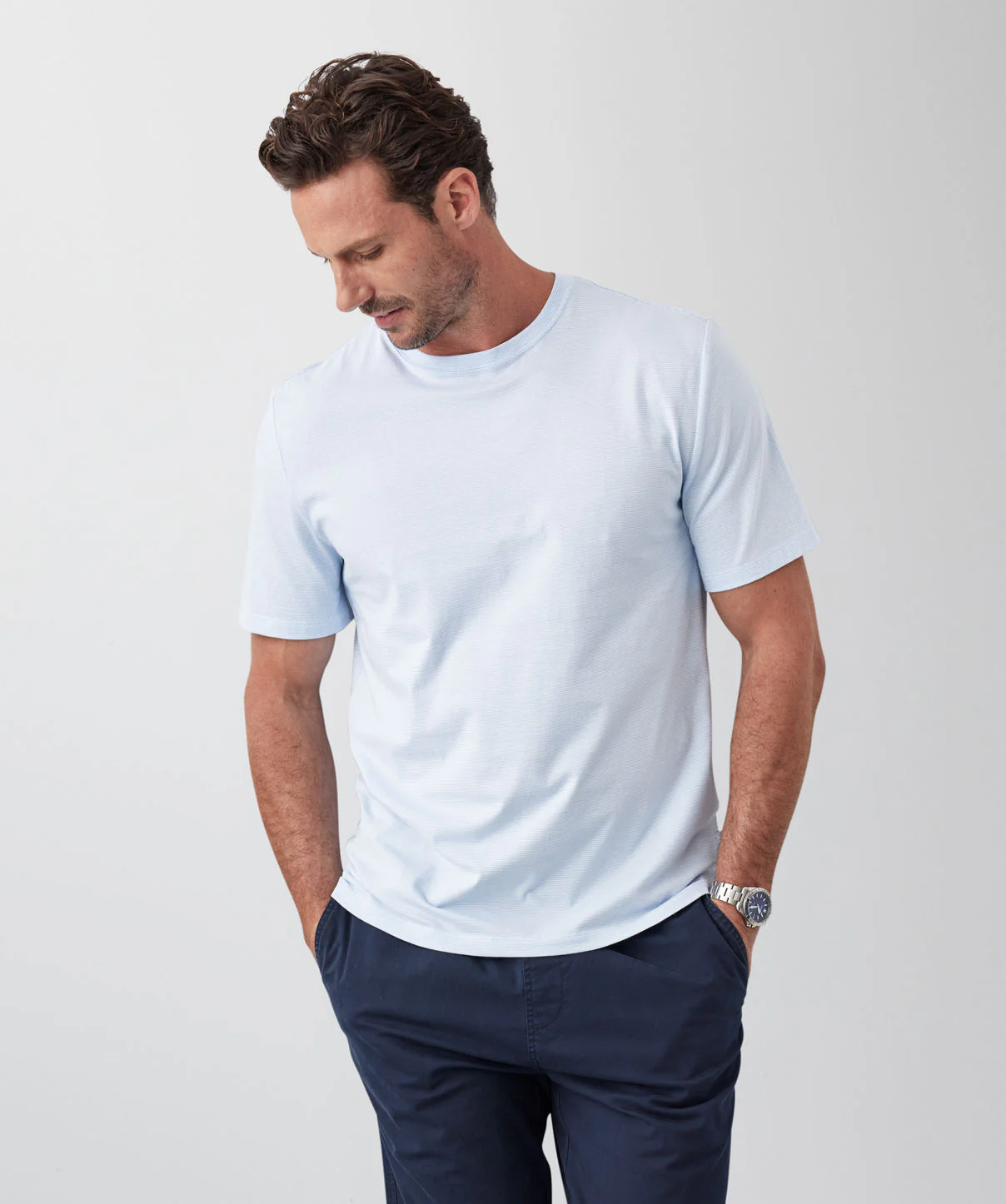 Weekend Stripe Crew T-shirt - Sky Blue