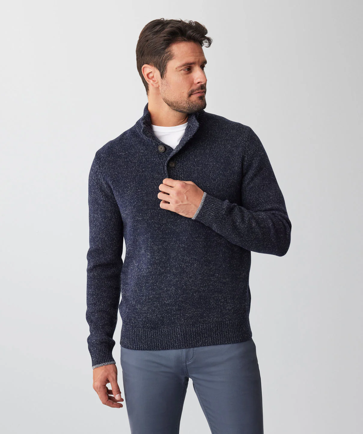 Wool Blend Button Neck Knit - Navy - Image 7