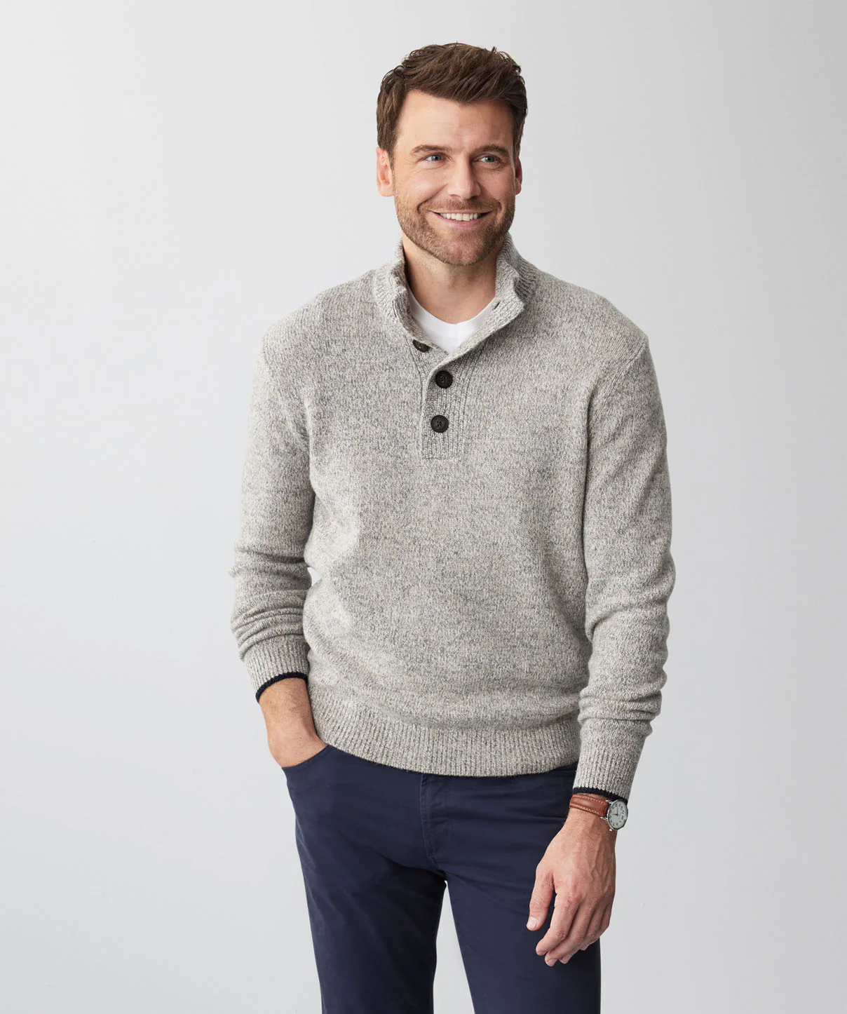 Wool Blend Button Neck Knit - Oatmeal
