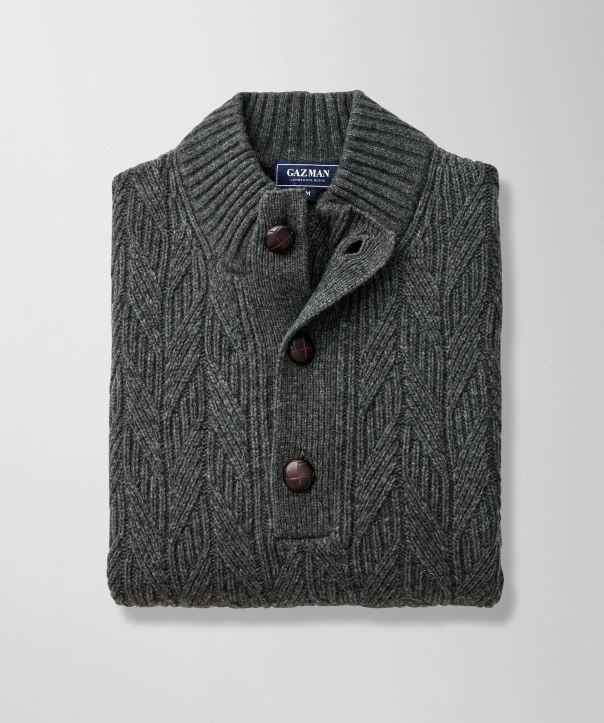 Wool Blend Cable Button Neck Knit - Dark Khaki - Image 2