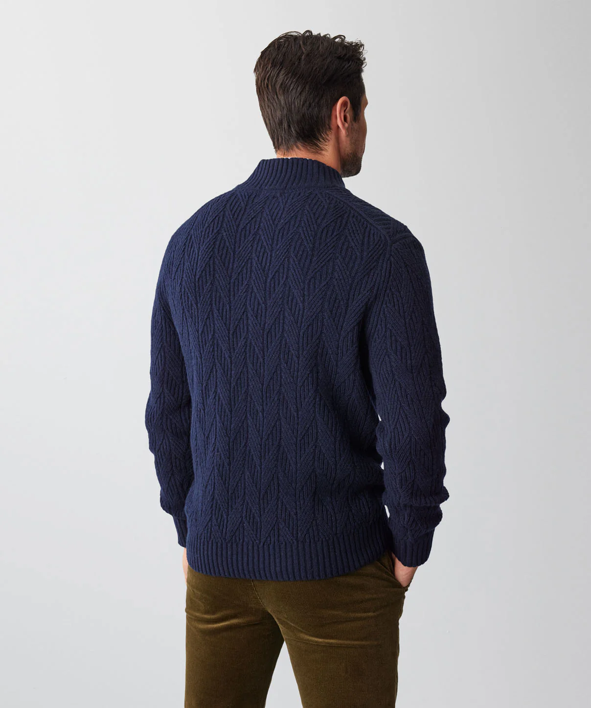 Wool Blend Cable Button Neck Knit - Navy - Image 3