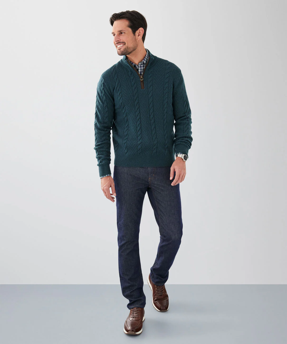 Wool Blend Cable Half Zip Knit - Emerald - Image 4