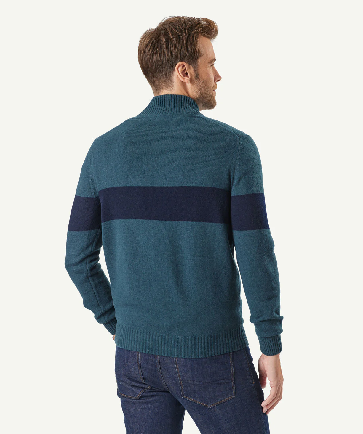 Wool Blend Chest Stripe Zip Knit - Forest - Image 3