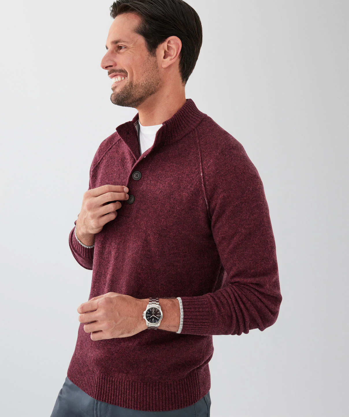 Wool Blend Raglan Half Button - Wine - Image 3